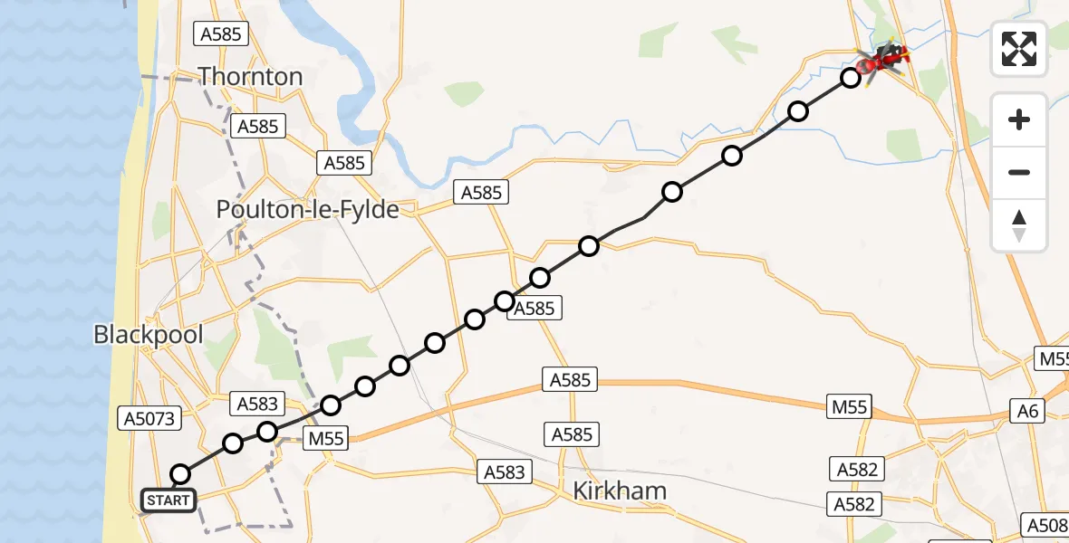 Flight route Air Ambulance Helicopter Blackpool Airport - Catterall, 09 June 2026, 13:11
