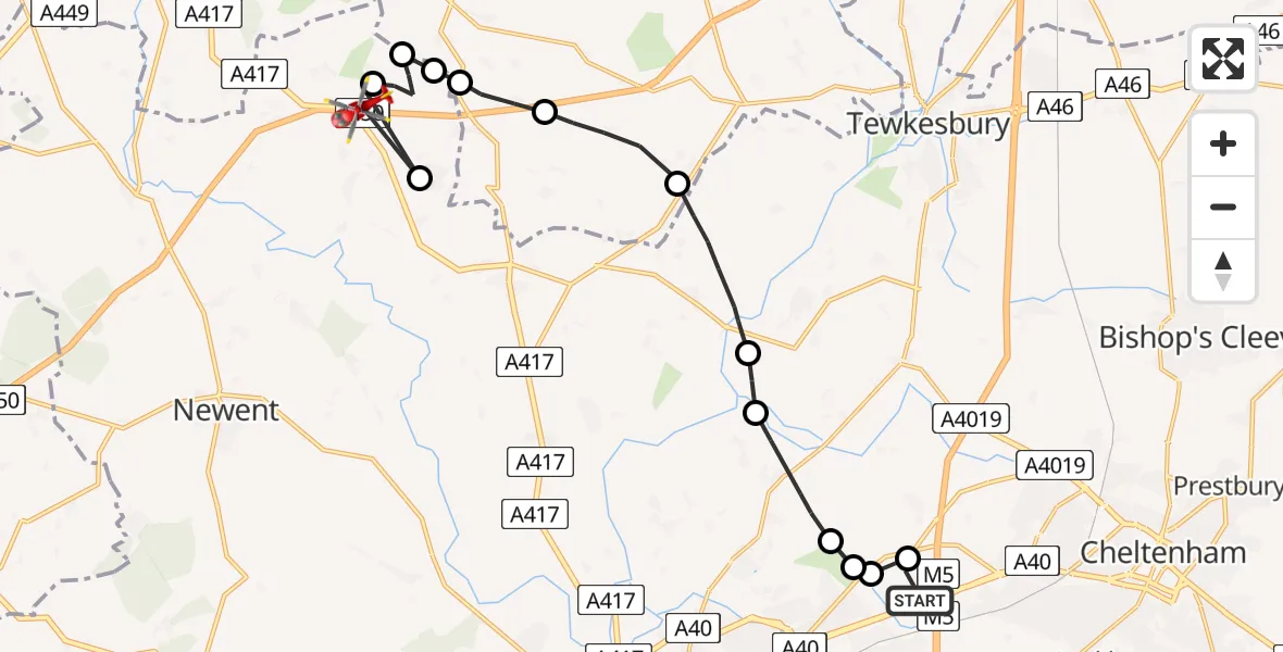 Flight route Air Ambulance Helicopter Gloucestershire Airport - Berrow Airstrip, 09 June 2026, 13:14