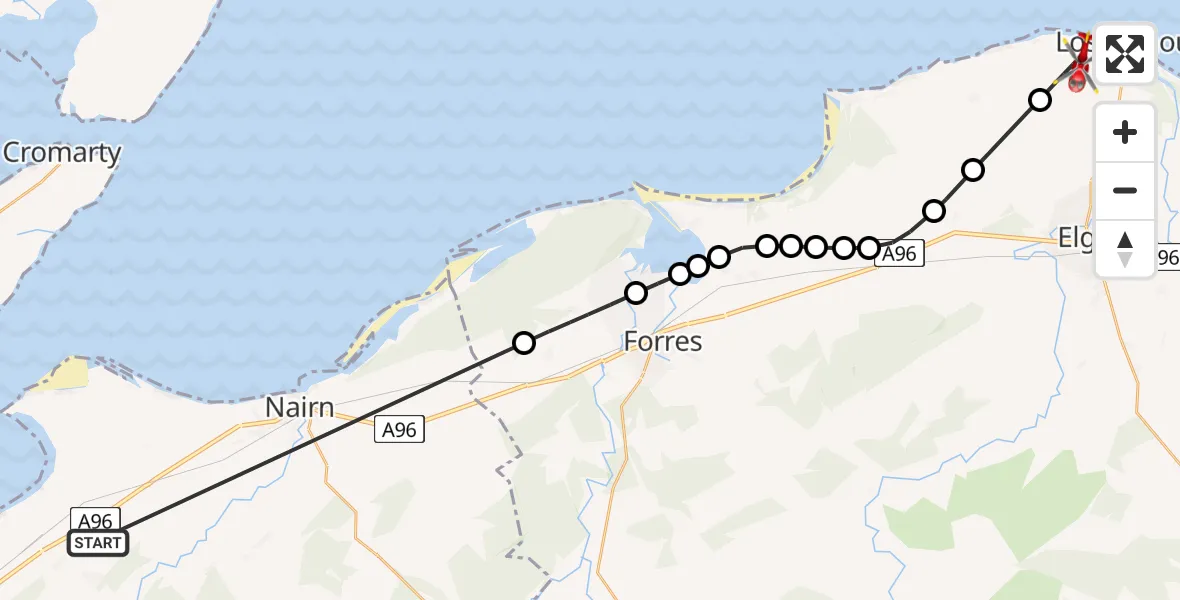 Flight route Air Ambulance Helicopter Croy - RAF Lossiemouth, 09 June 2026, 13:17