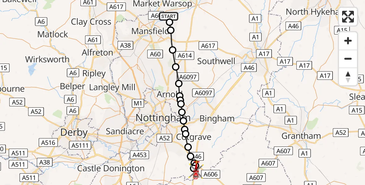 Flight route Air Ambulance Helicopter Newark and Sherwood - Nottingham Heliport, 09 June 2026, 13:20