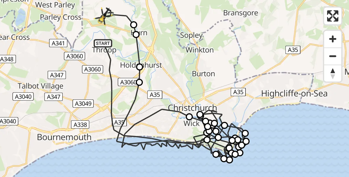 Flight route Police Helicopter Bournemouth - Bournemouth Airport, 09 June 2026, 13:23