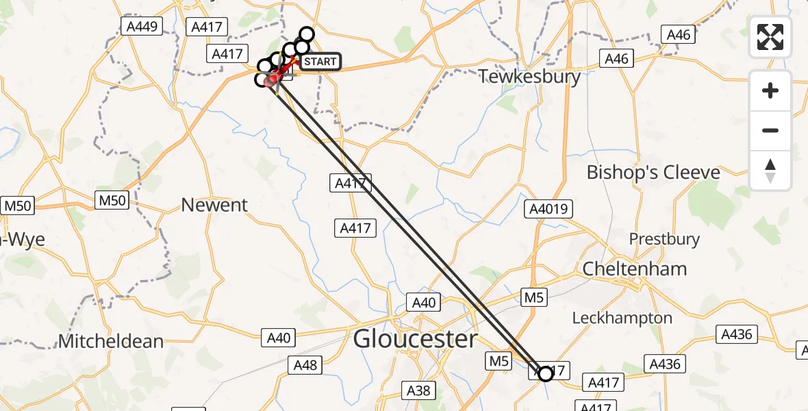 Flight route Air Ambulance Helicopter Pendock - Bromesberrow Heath, 09 June 2026, 13:24