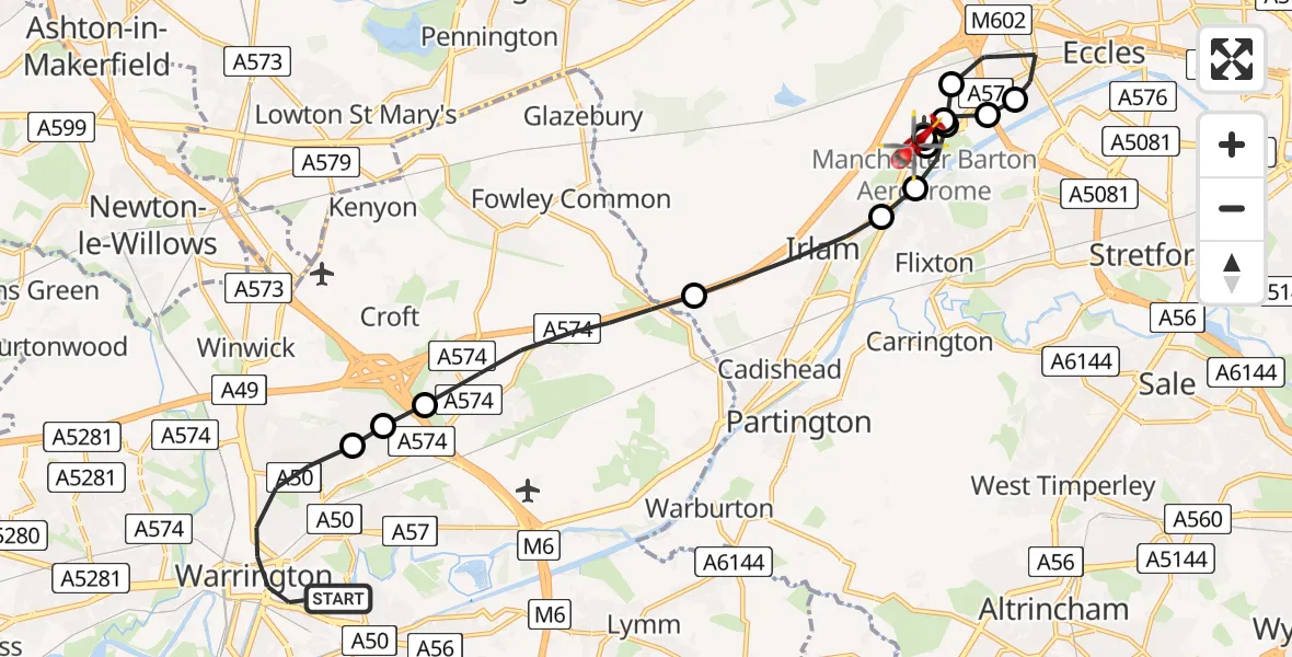 Flight route Air Ambulance Helicopter Warrington - Manchester Barton Aerodrome, 09 June 2026, 13:25