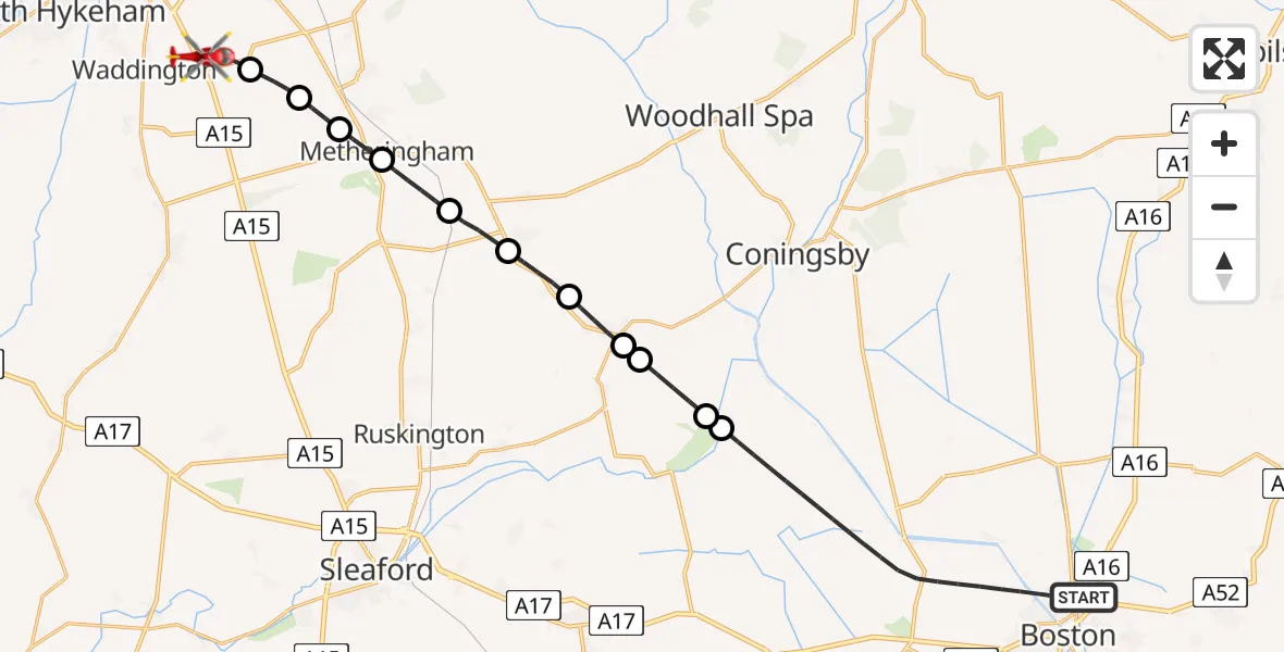 Flight route Air Ambulance Helicopter Boston - North Kesteven, 09 June 2026, 13:25