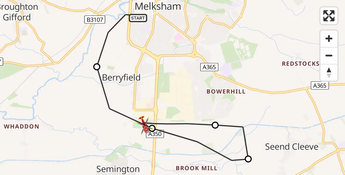 Flight route Air Ambulance Helicopter Melksham - Wiltshire Air Ambulance, 09 June 2026, 13:25