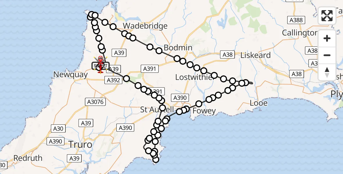 Flight route Air Ambulance Helicopter Cornwall Airport Newquay - Cornwall Airport Newquay, 09 June 2026, 13:28