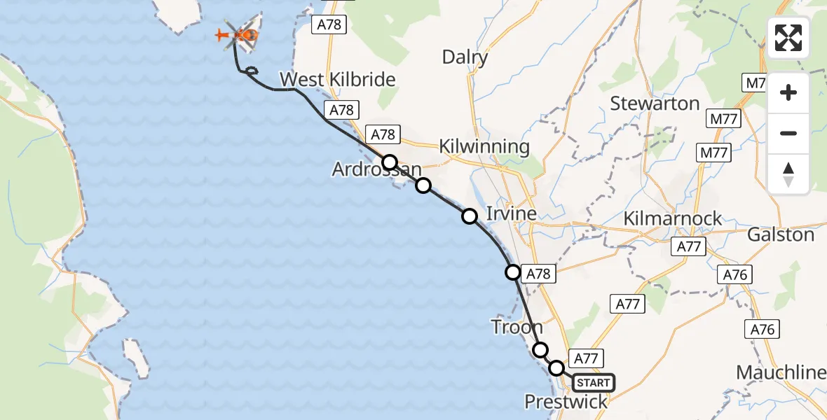 Flight route Coastguard Helicopter Glasgow Prestwick Airport - Inner Seas, 09 June 2026, 13:30