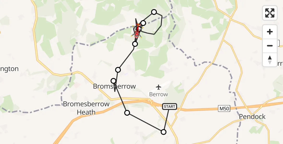 Flight route Air Ambulance Helicopter Bromesberrow Heath - Bromsberrow, 09 June 2026, 13:31