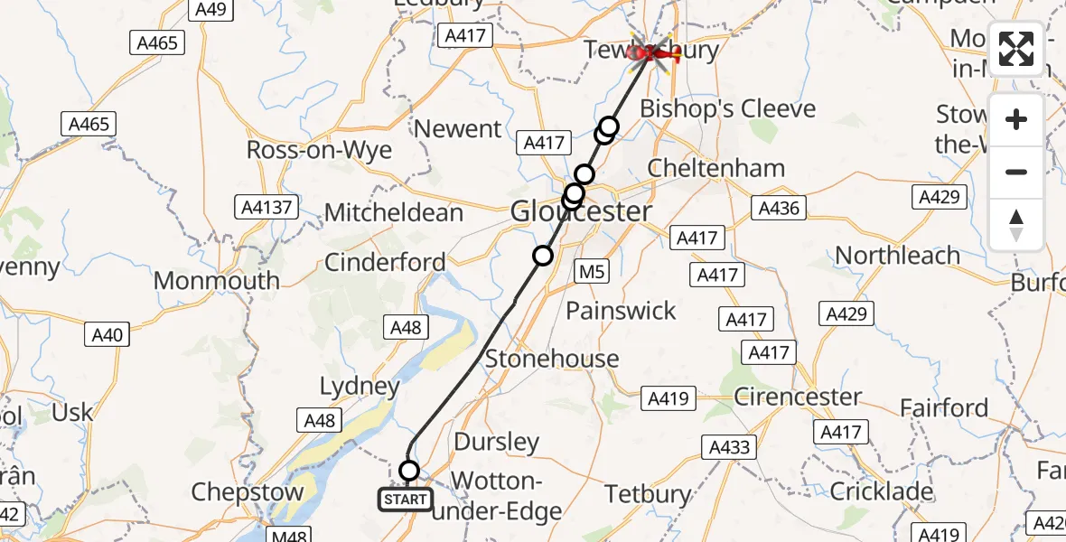 Flight route Air Ambulance Helicopter Falfield - Tewkesbury, 09 June 2026, 13:34