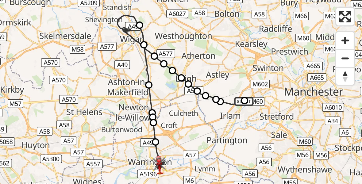 Flight route Air Ambulance Helicopter Manchester Barton Aerodrome - Warrington, 09 June 2026, 13:35