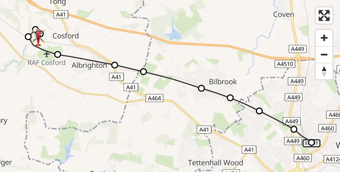 Flight route Air Ambulance Helicopter Park Village - Cosford, 09 June 2026, 13:36
