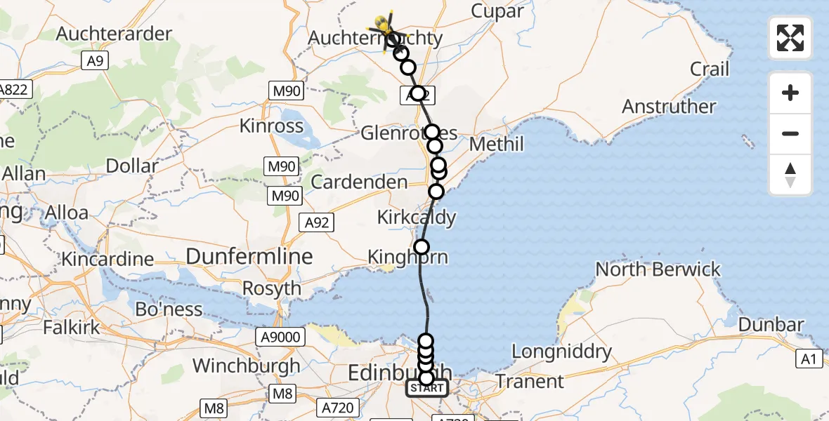 Flight route Police Helicopter Bingham - Auchtermuchty, 09 June 2026, 13:37