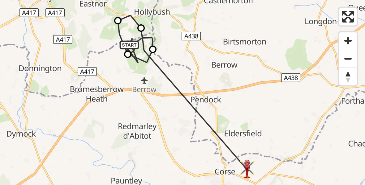 Flight route Air Ambulance Helicopter Bromsberrow - Corse, 09 June 2026, 13:39