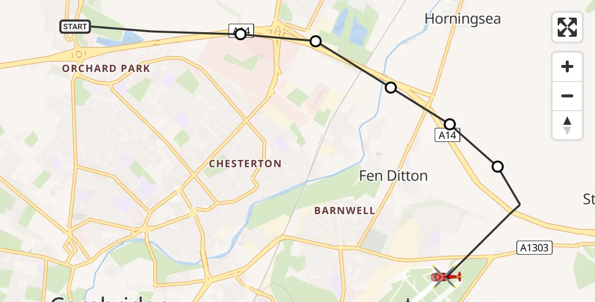 Flight route Air Ambulance Helicopter Impington - Cambridge City Airport, 09 June 2026, 13:44