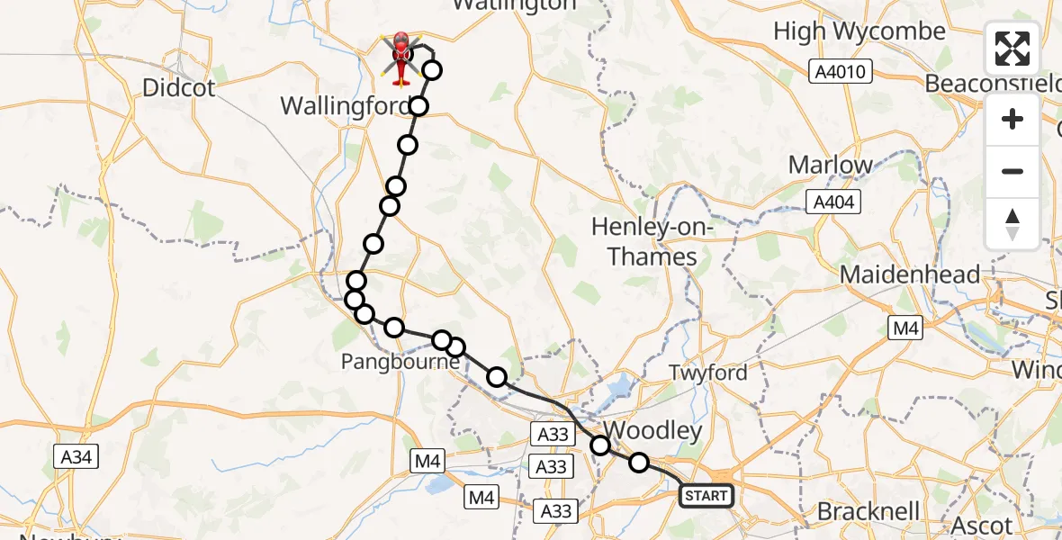 Flight route Air Ambulance Helicopter Sindlesham - RAF Benson, 09 June 2026, 13:45