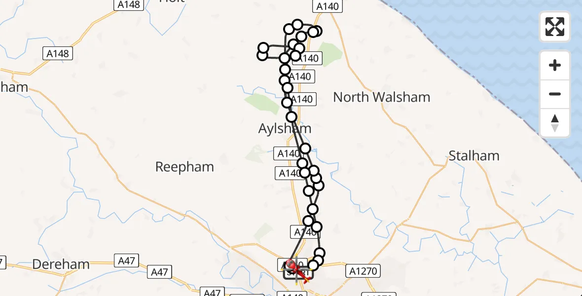 Flight route Air Ambulance Helicopter Norwich Airport - Norwich Airport, 09 June 2026, 13:54