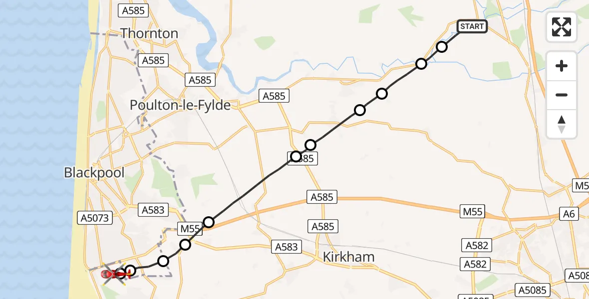 Flight route Air Ambulance Helicopter Churchtown - Blackpool Airport, 09 June 2026, 13:55