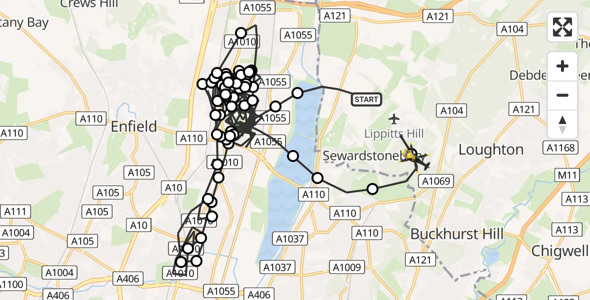 Flight route Police Helicopter Sewardstonebury - Sewardstonebury, 09 June 2026, 13:56