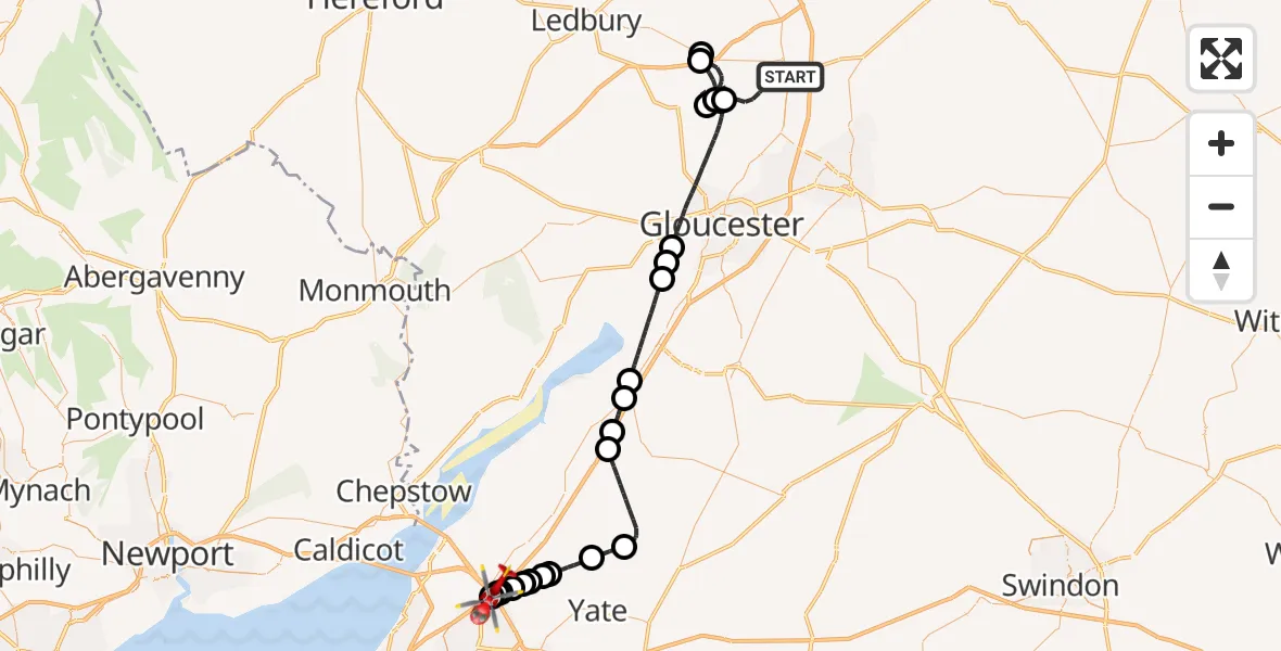 Flight route Air Ambulance Helicopter Tewkesbury - Almondsbury Helicopter Base, 09 June 2026, 14:09