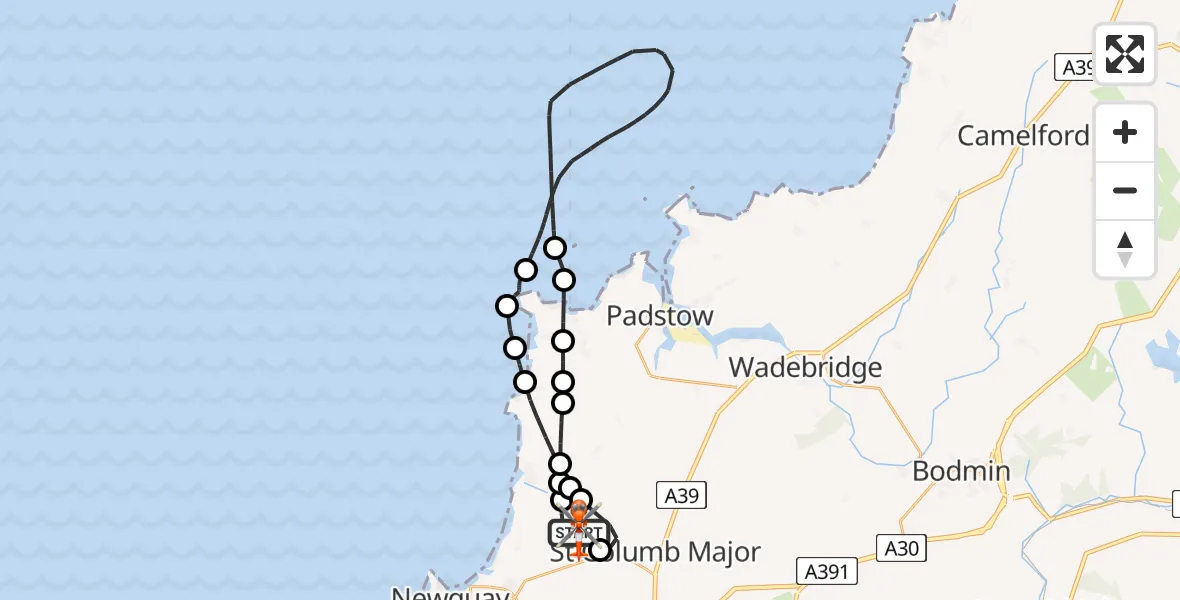 Flight route Coastguard Helicopter Cornwall Airport Newquay - Cornwall Airport Newquay, 09 June 2026, 14:10