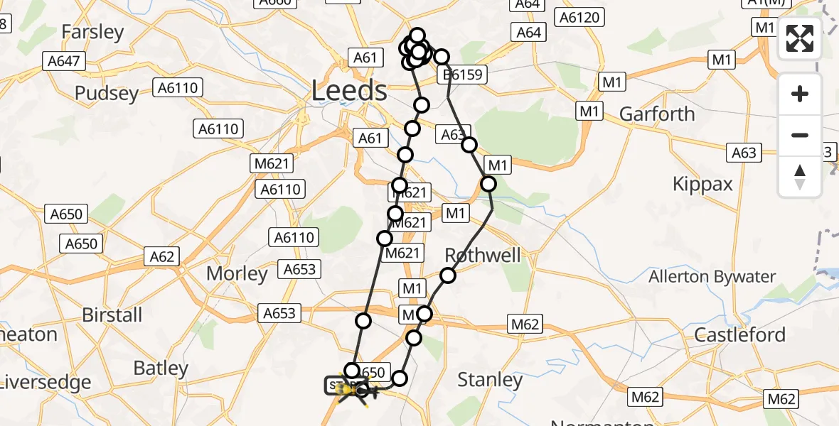 Flight route Police Helicopter East Ardsley - East Ardsley, 09 June 2026, 14:13