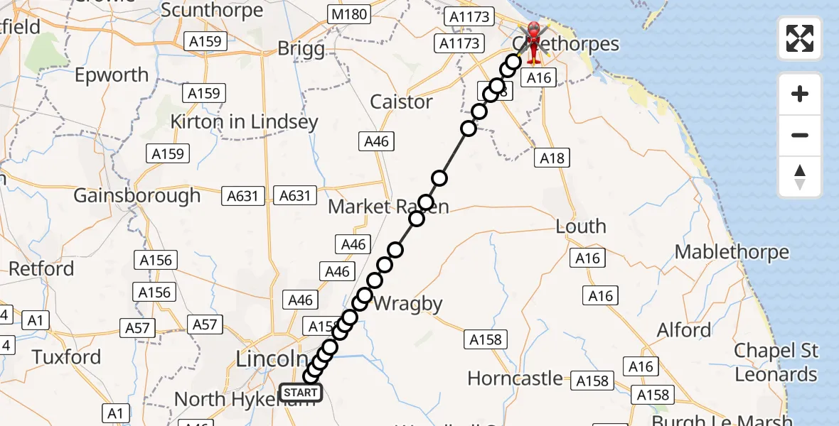Flight route Air Ambulance Helicopter Branston - Grimsby, 09 June 2026, 14:16