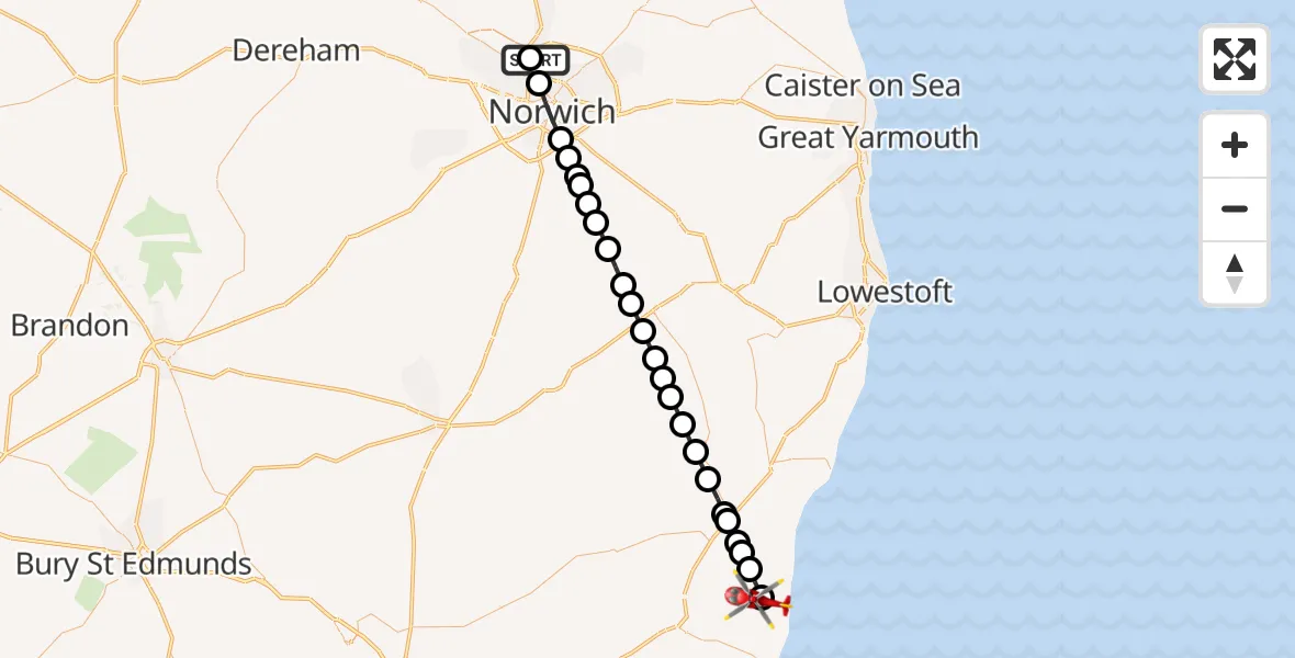 Flight route Air Ambulance Helicopter Norwich Airport - Leiston, 09 June 2026, 14:23