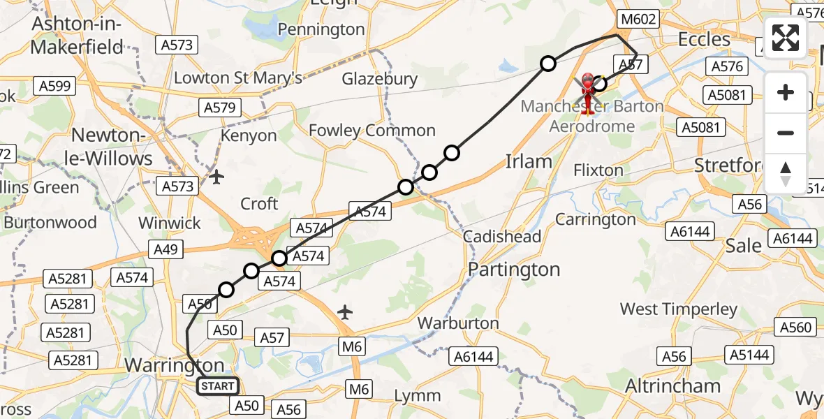 Flight route Air Ambulance Helicopter Warrington - Manchester Barton Aerodrome, 09 June 2026, 14:23
