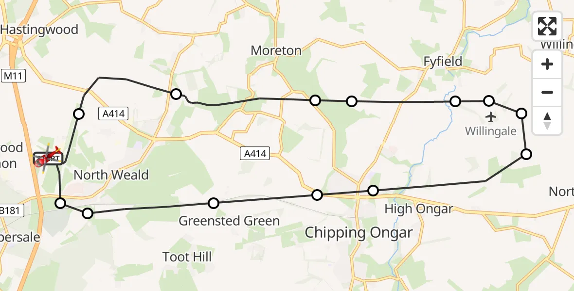 Flight route Air Ambulance Helicopter North Weald Airfield - North Weald Airfield, 09 June 2026, 14:23