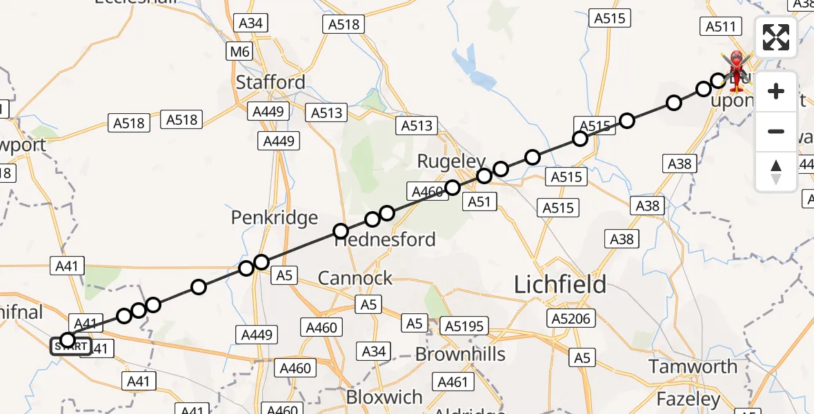 Flight route Air Ambulance Helicopter RAF Cosford - Burton upon Trent, 09 June 2026, 14:30