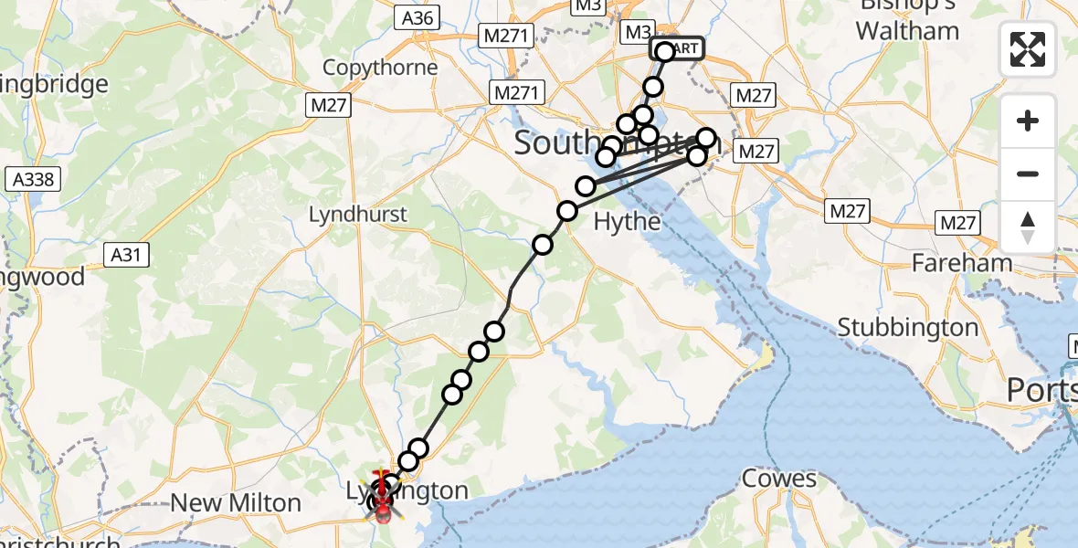 Flight route Air Ambulance Helicopter Southampton Airport - Lymington, 09 June 2026, 14:33