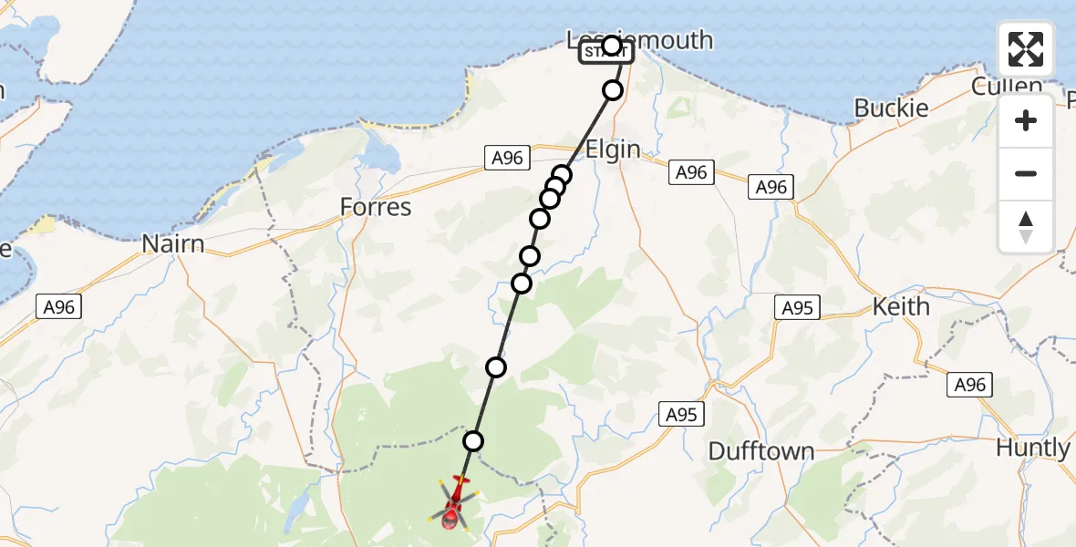 Flight route Air Ambulance Helicopter RAF Lossiemouth - Highland, 09 June 2026, 14:36