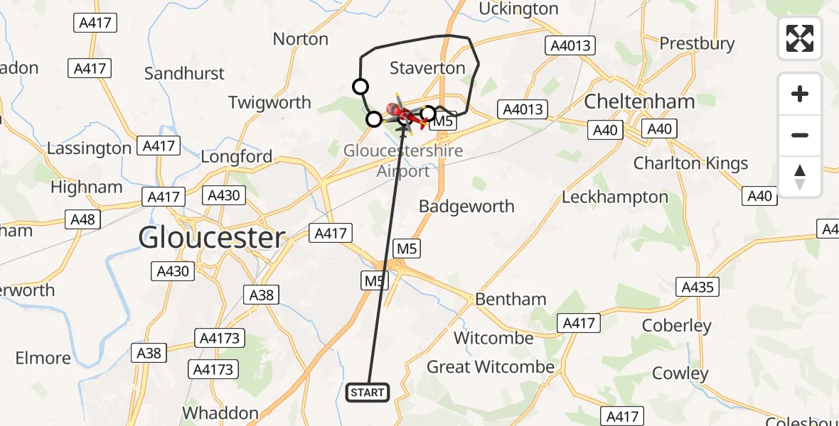 Flight route Air Ambulance Helicopter Stroud - Gloucestershire Airport, 09 June 2026, 14:37