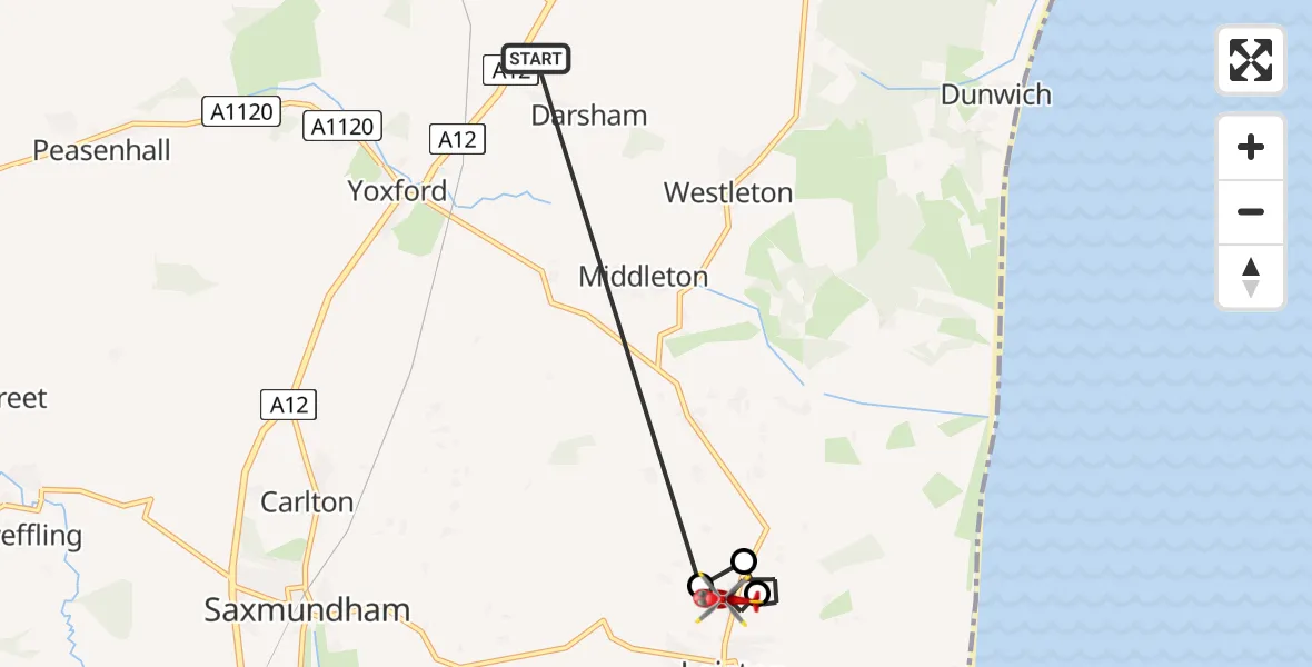Flight route Air Ambulance Helicopter Darsham - Leiston, 09 June 2026, 14:46