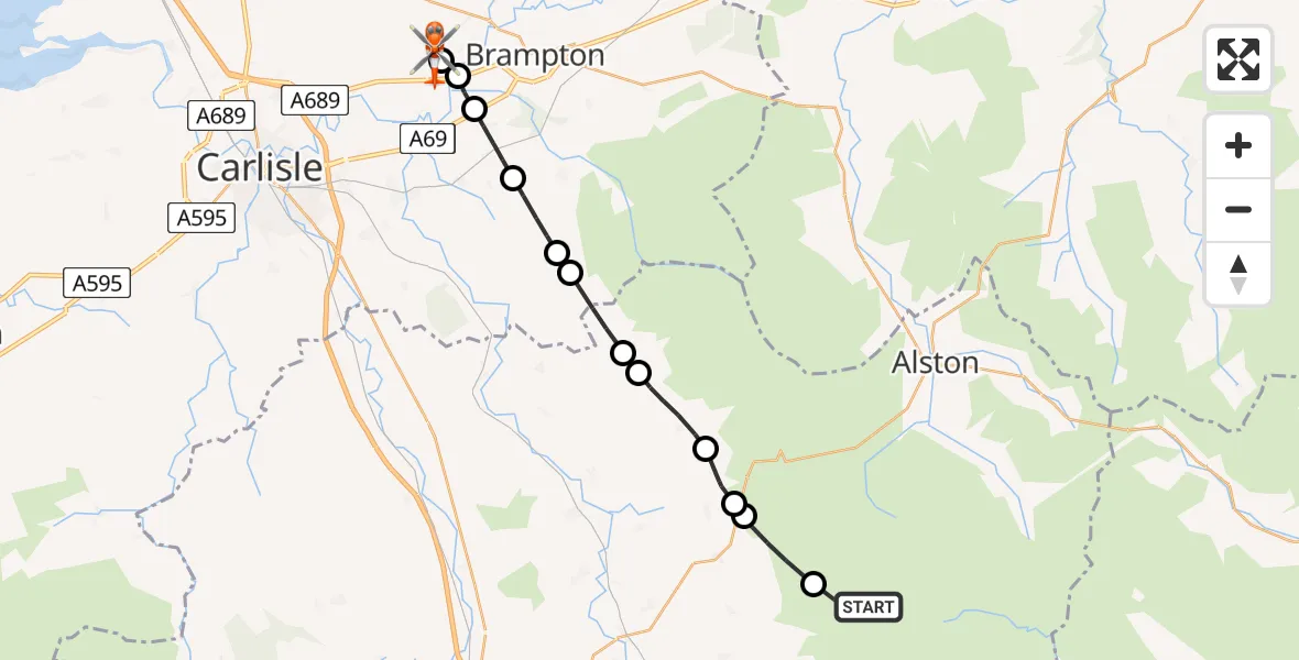 Flight route Coastguard Helicopter Ousby - Carlisle Lake District Airport, 09 June 2026, 14:59