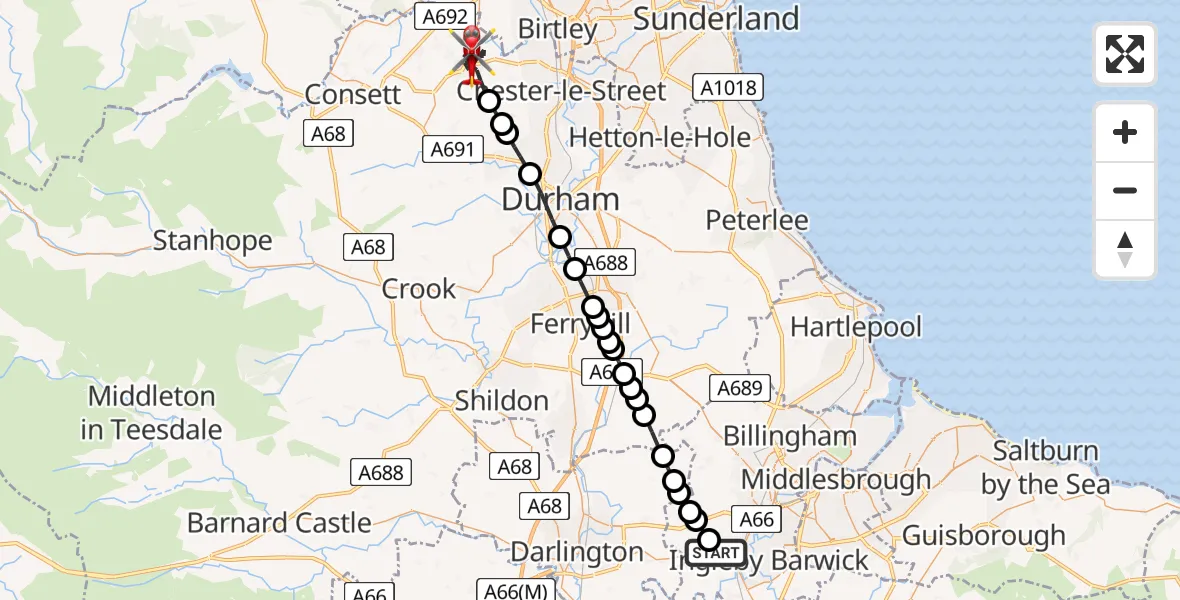 Flight route Air Ambulance Helicopter Egglescliffe - Stanley, 09 June 2026, 15:00
