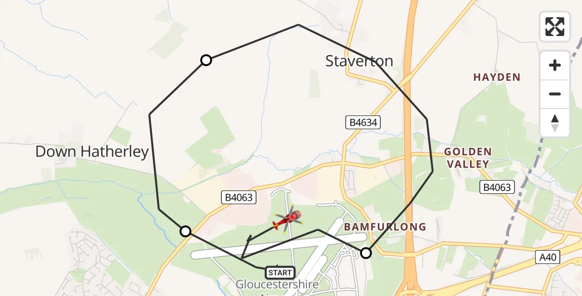 Flight route Air Ambulance Helicopter Gloucestershire Airport - Gloucestershire Airport, 09 June 2026, 14:59