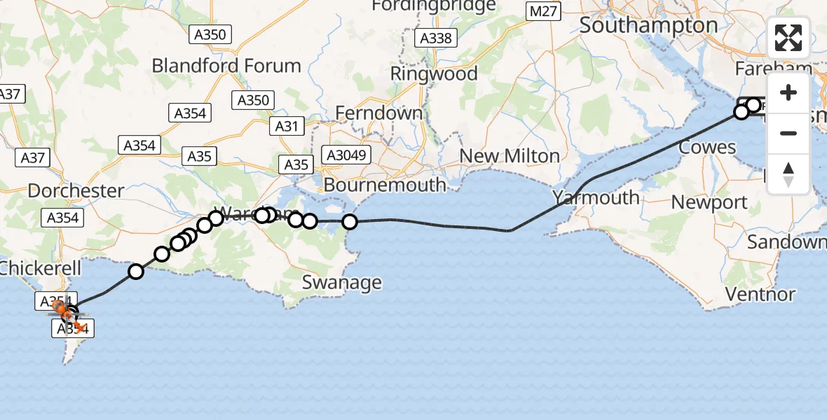Flight route Coastguard Helicopter Solent Airport - RNAS Portland Heliport, 09 June 2026, 15:01
