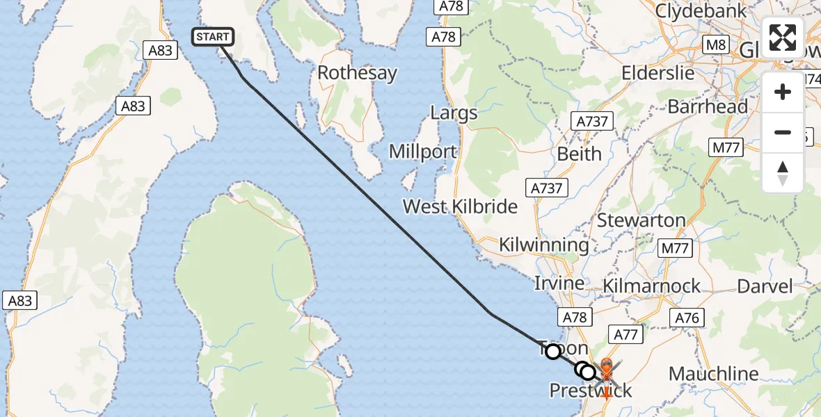Flight route Coastguard Helicopter Inner Seas - Glasgow Prestwick Airport, 09 June 2026, 15:04