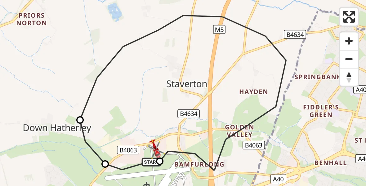 Flight route Air Ambulance Helicopter Gloucestershire Airport - Gloucestershire Airport, 09 June 2026, 15:05