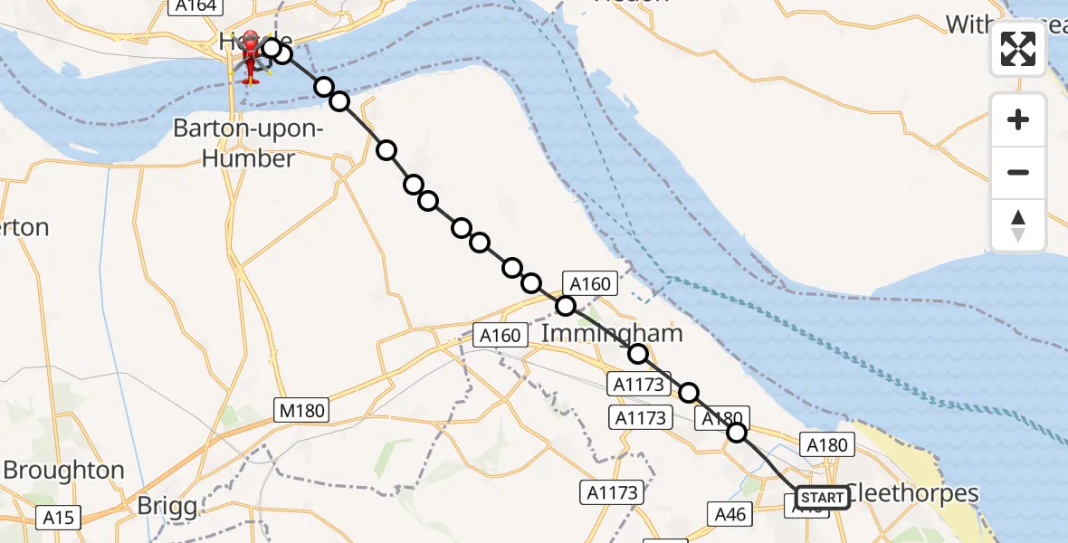 Flight route Air Ambulance Helicopter Grimsby - Hessle, 09 June 2026, 15:06
