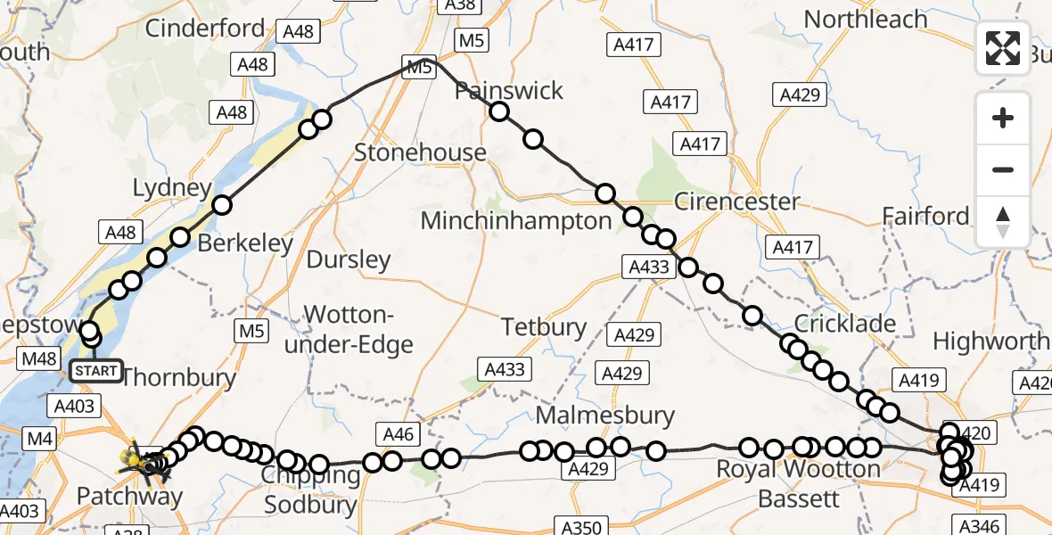 Flight route Police Helicopter Littleton-upon-Severn - Almondsbury Helicopter Base, 09 June 2026, 15:11