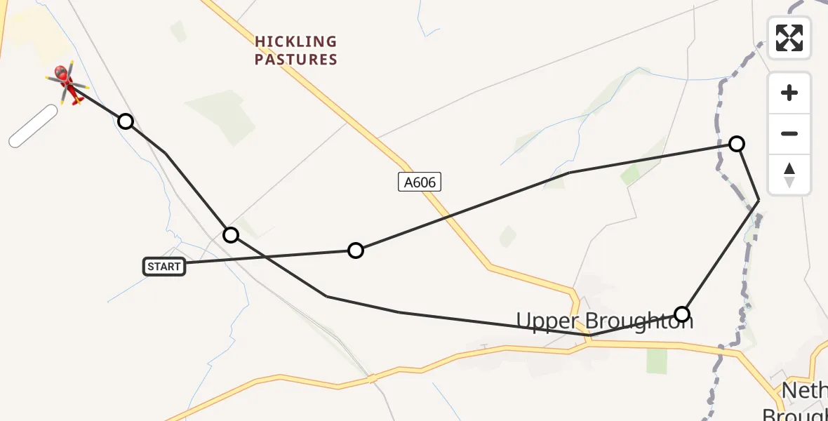 Flight route Air Ambulance Helicopter Rushcliffe - Nottingham Heliport, 09 June 2026, 15:16