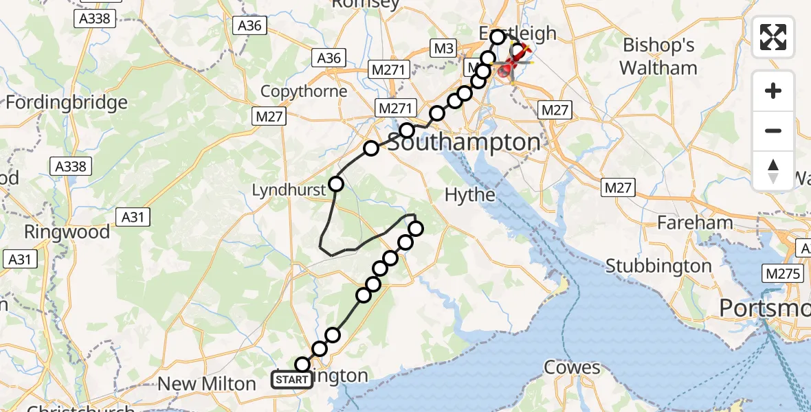 Flight route Air Ambulance Helicopter Pennington - Southampton Airport, 09 June 2026, 15:18