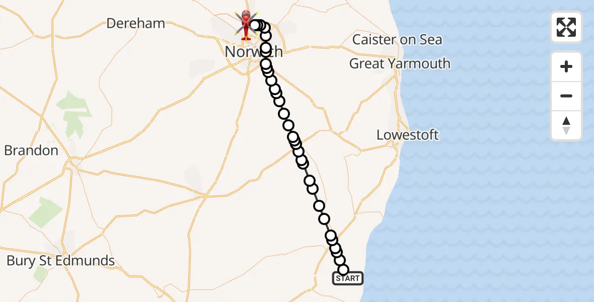 Flight route Air Ambulance Helicopter Leiston - Norwich Airport, 09 June 2026, 15:20