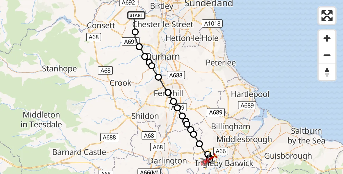 Flight route Air Ambulance Helicopter Stanley - Egglescliffe, 09 June 2026, 15:33