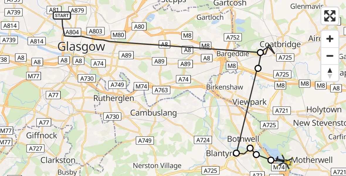 Flight route Police Helicopter Glasgow - Motherwell, 09 June 2026, 15:36