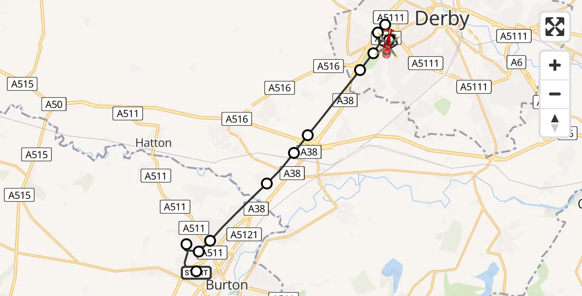 Flight route Air Ambulance Helicopter Burton upon Trent - Royal Derby Trauma Unit, 09 June 2026, 15:41