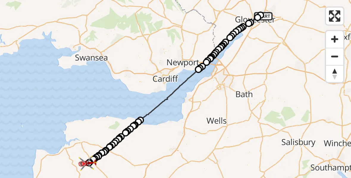 Flight route Air Ambulance Helicopter Gloucestershire Airport - North Devon, 09 June 2026, 15:50