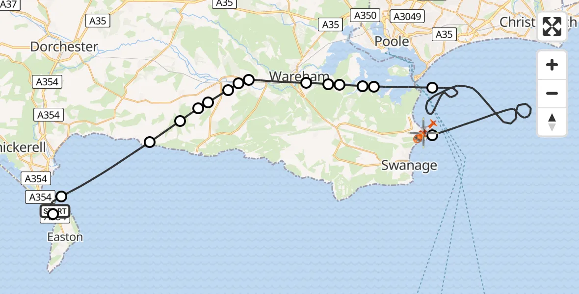 Flight route Coastguard Helicopter RNAS Portland Heliport - Studland, 09 June 2026, 15:51